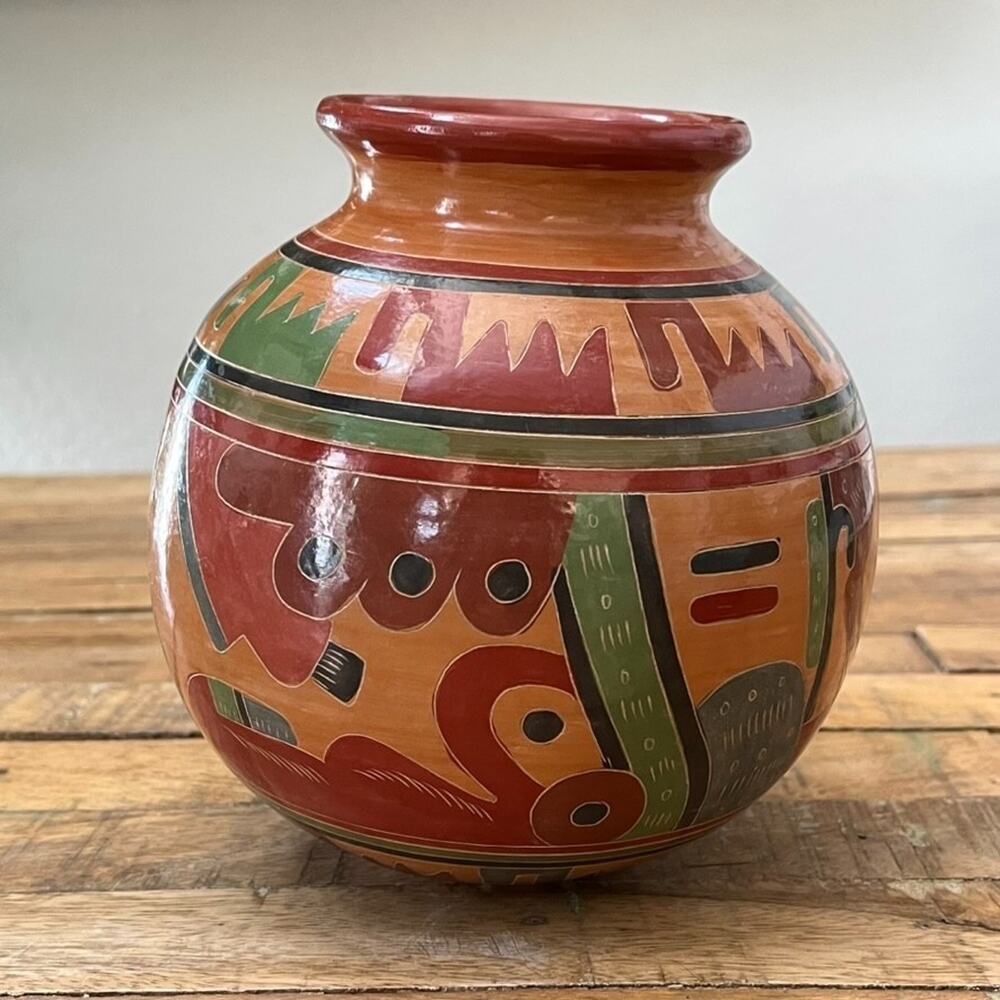Nicaragua Pottery Jar 6.5" Handmade Colorful Geometric Design